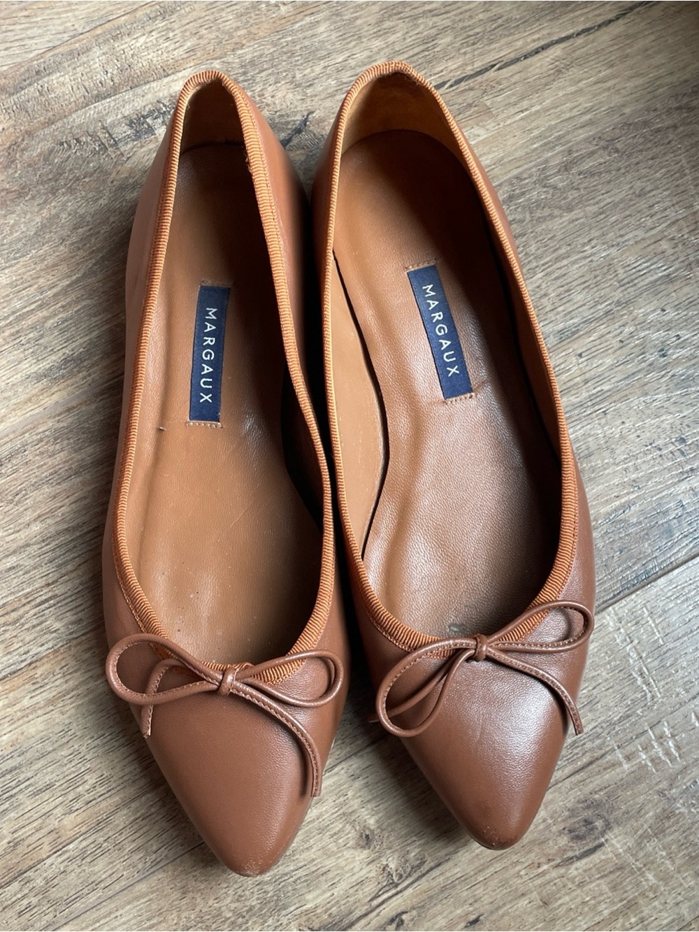 Margaux Ballet Flats Cognac Brown Soft Leather 37.5 W Pointed Toe Handmade